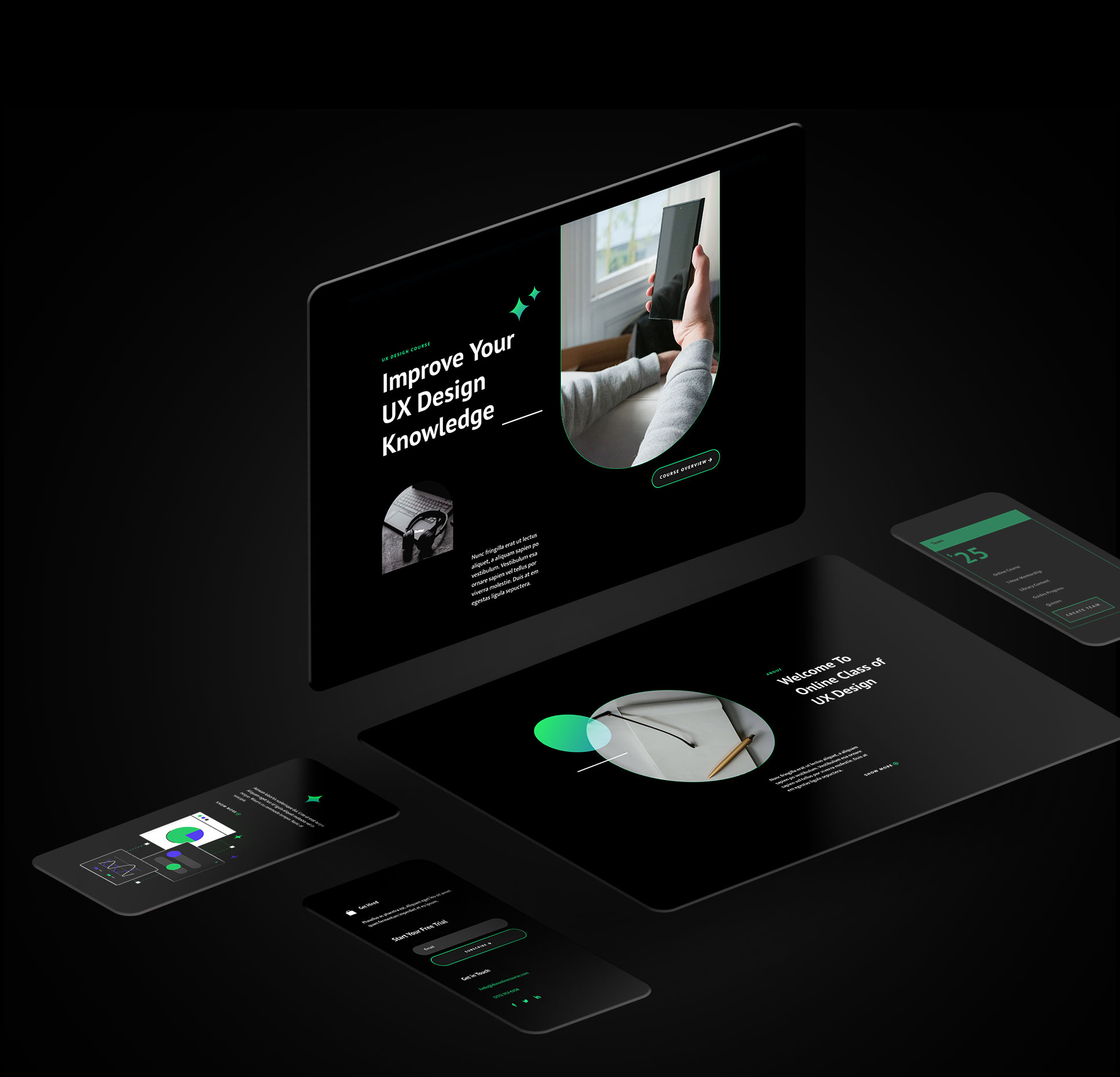 multiple mobile and laptop screens promoting ux design learning and knowledge improvement