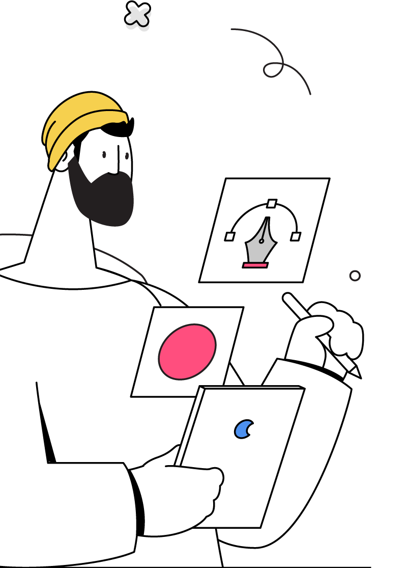 Animated illustration of a man checking items on a tablet, with floating icons in a contact web design company workspace.